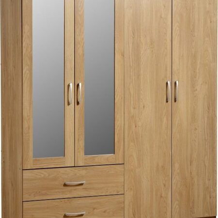 Charles 4 Door 2 Drawer Mirrored Wardrobe - Oak Effect Veneer with Walnut Trim