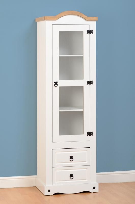 Corona 1 Door 2 Drawer Glass Display Unit White Distressed Waxed