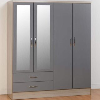 Nevada 4 Door 2 Drawer Wardrobe - Grey Gloss/Light Oak Effect Veneer