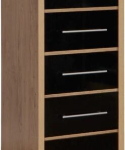 Seville 5 Drawer Narrow Chest - Light Oak Effect Veneer/Black High Gloss