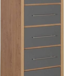 Seville 5 Drawer Narrow Chest - Light Oak Effect Veneer/Grey High Gloss