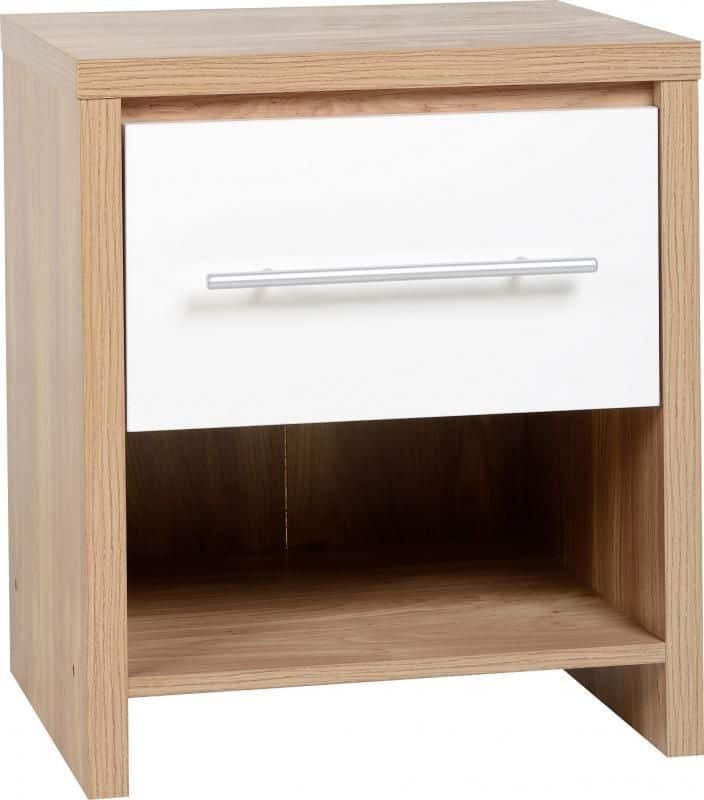 Seville 1 Drawer Bedside Cabinet - Light Oak Effect Veneer/White High Gloss