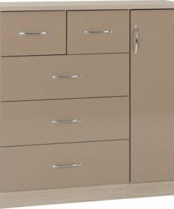 Nevada 5 Drawer Low Wardrobe in Oyster Gloss/Light Oak Effect Veneer